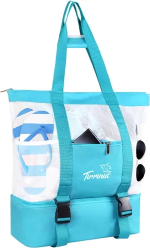 Tirrinia Mesh Beach Bag with Cooler Compartment, Extra Large Totes for Beach Travel, Functional Fashion Beach Bag for Women