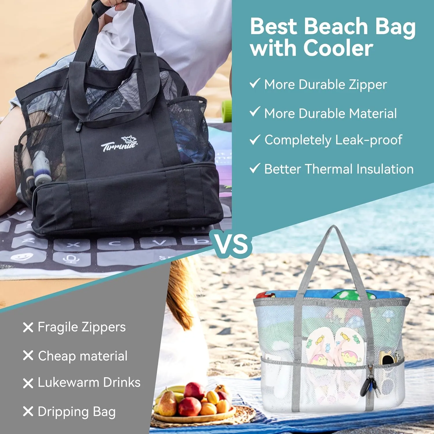 Tirrinia Mesh Beach Bag with Cooler Compartment, Extra Large Totes for Beach Travel, Functional Fashion Beach Bag for Women