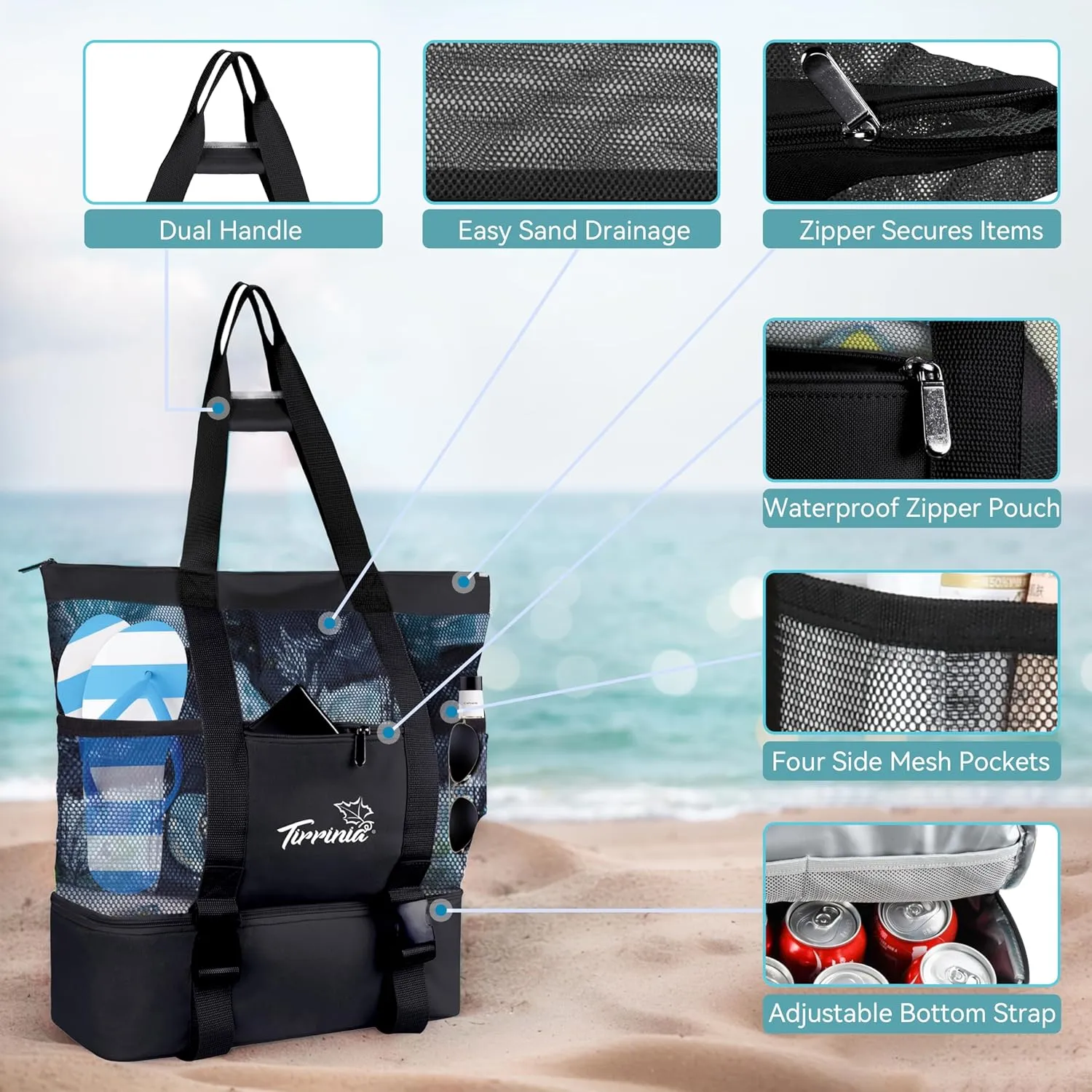 Tirrinia Mesh Beach Bag with Cooler Compartment, Extra Large Totes for Beach Travel, Functional Fashion Beach Bag for Women