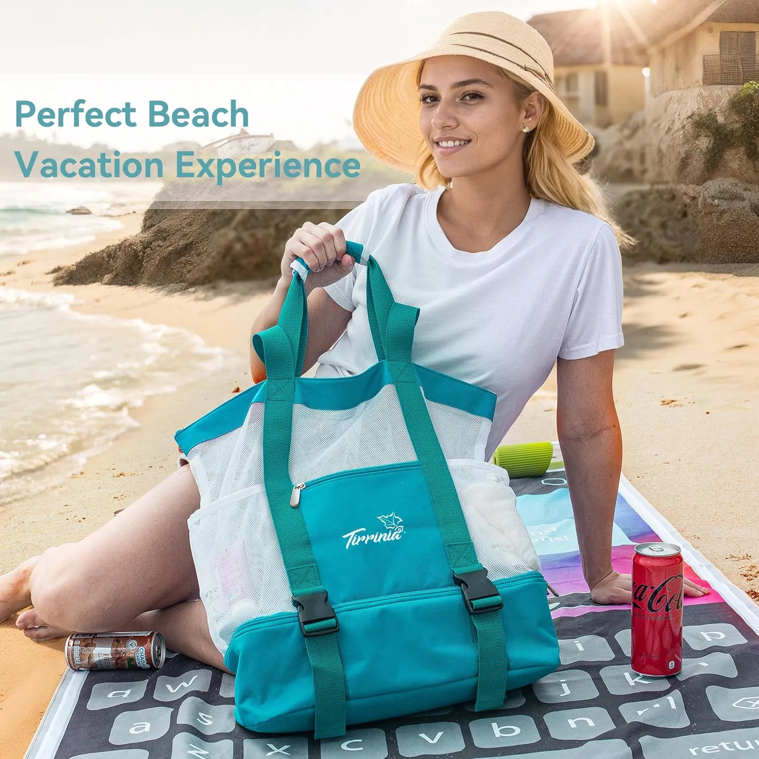 Tirrinia Mesh Beach Bag with Cooler Compartment, Extra Large Totes for Beach Travel, Functional Fashion Beach Bag for Women