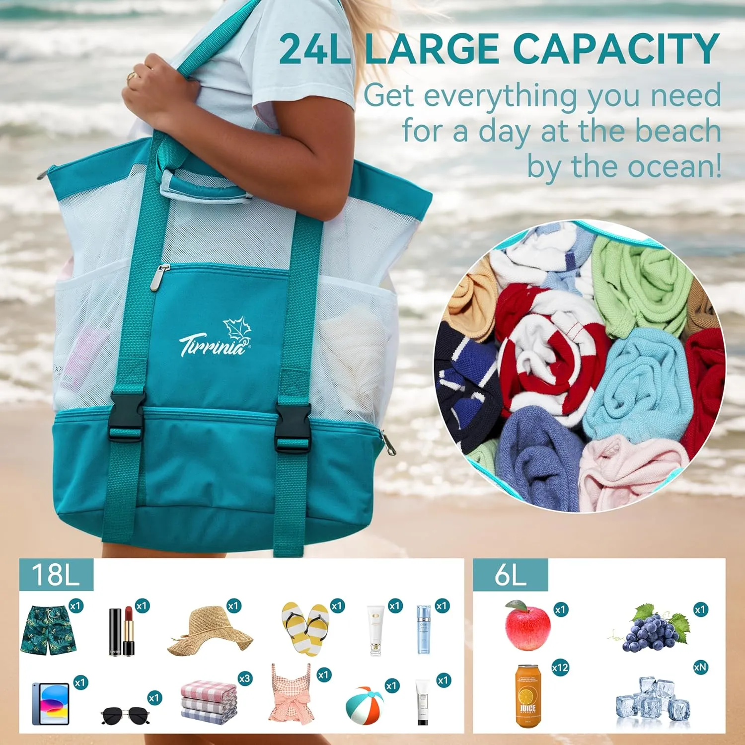 Tirrinia Mesh Beach Bag with Cooler Compartment, Extra Large Totes for Beach Travel, Functional Fashion Beach Bag for Women