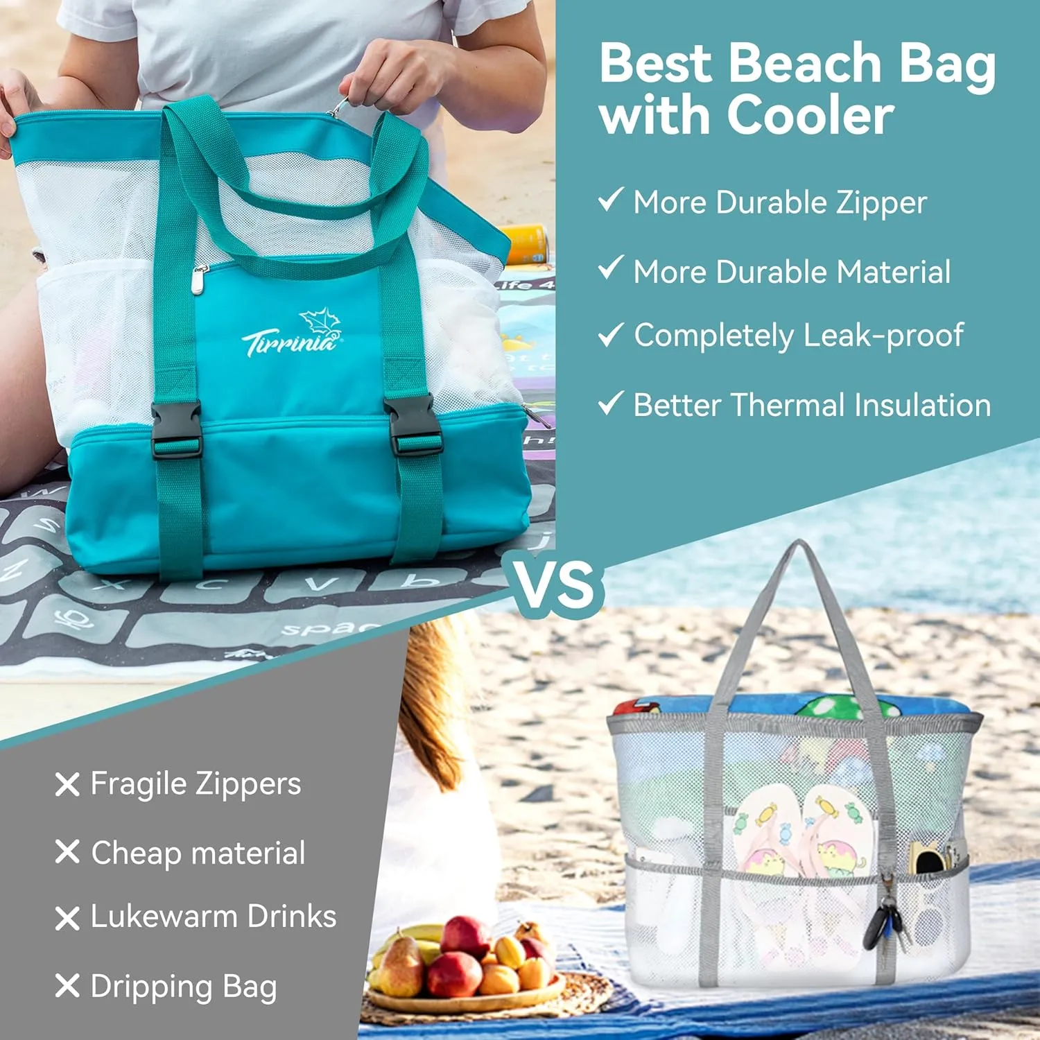 Tirrinia Mesh Beach Bag with Cooler Compartment, Extra Large Totes for Beach Travel, Functional Fashion Beach Bag for Women