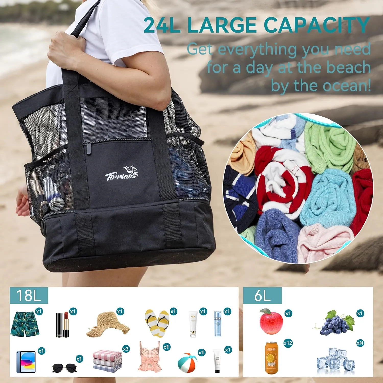Tirrinia Mesh Beach Bag with Cooler Compartment, Extra Large Totes for Beach Travel, Functional Fashion Beach Bag for Women