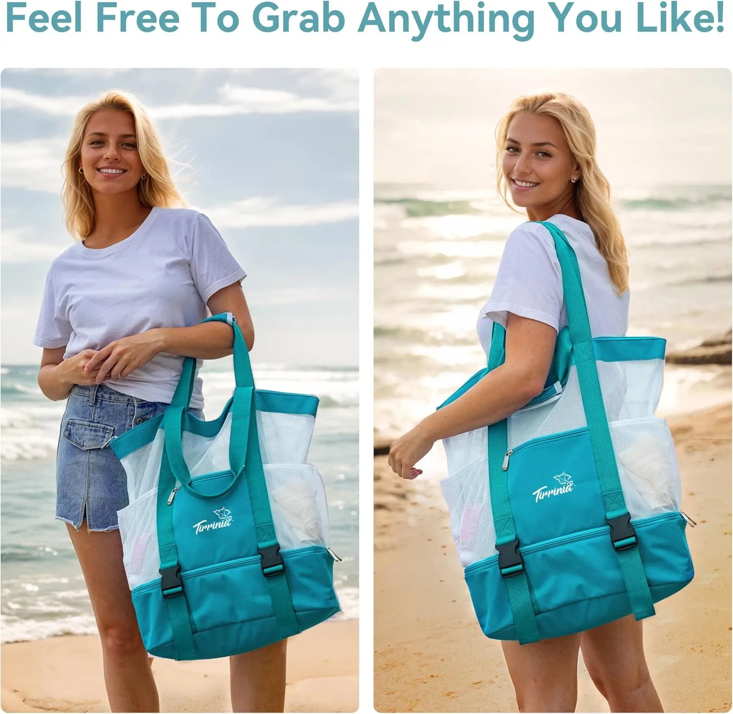 Tirrinia Mesh Beach Bag with Cooler Compartment, Extra Large Totes for Beach Travel, Functional Fashion Beach Bag for Women