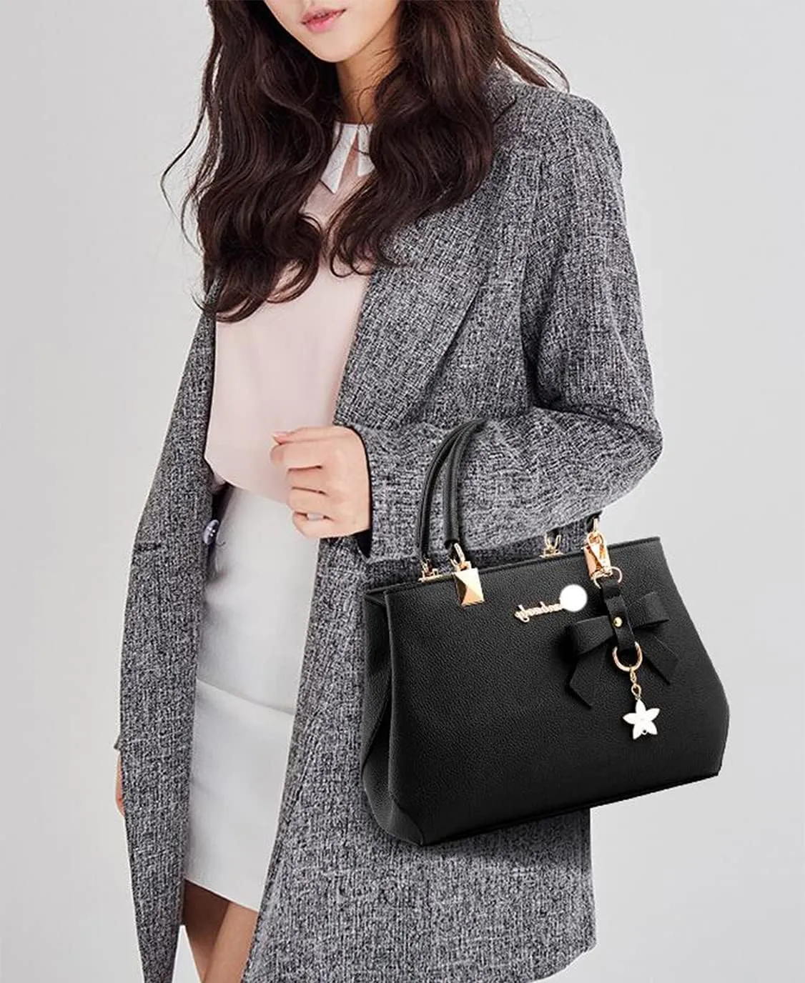 Top-handle Handbags Purse for Women Small Satchel PU Leather Shoulder Crossbody Bag with Bowtie Pendant