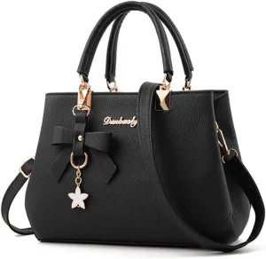 Top-handle Handbags Purse for Women Small Satchel PU Leather Shoulder Crossbody Bag with Bowtie Pendant