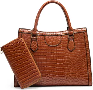 Top-handle Satchel Tote Purse 2pcs for Women Gloss Patent PU Crocodile Pattern Shoulder Bag Clutch Wallet