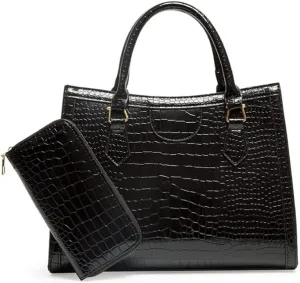 Top-handle Satchel Tote Purse 2pcs for Women Gloss Patent PU Crocodile Pattern Shoulder Bag Clutch Wallet