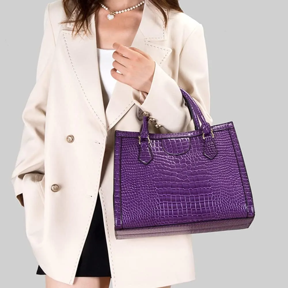 Top-handle Satchel Tote Purse 2pcs for Women Gloss Patent PU Crocodile Pattern Shoulder Bag Clutch Wallet
