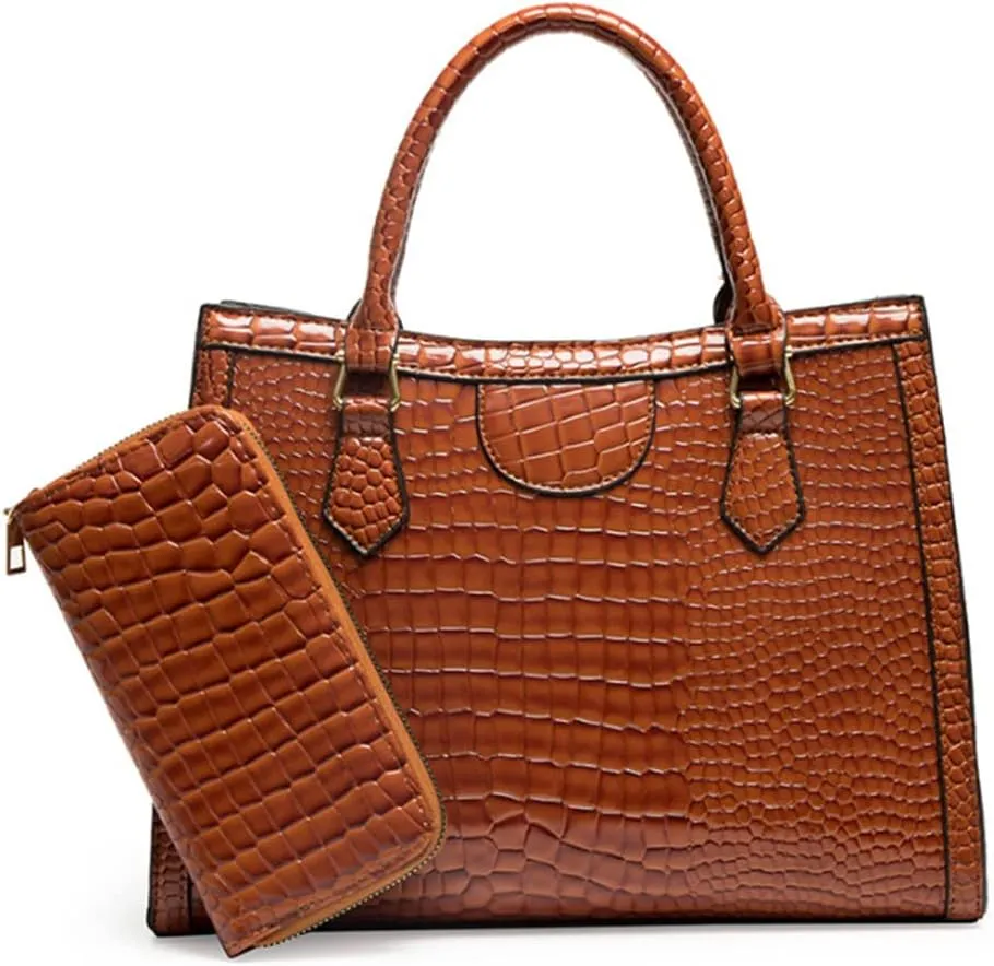 Top-handle Satchel Tote Purse 2pcs for Women Gloss Patent PU Crocodile Pattern Shoulder Bag Clutch Wallet