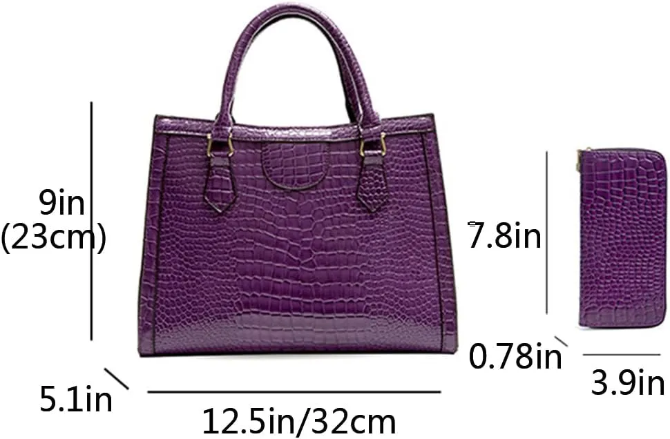 Top-handle Satchel Tote Purse 2pcs for Women Gloss Patent PU Crocodile Pattern Shoulder Bag Clutch Wallet