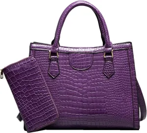 Top-handle Satchel Tote Purse 2pcs for Women Gloss Patent PU Crocodile Pattern Shoulder Bag Clutch Wallet