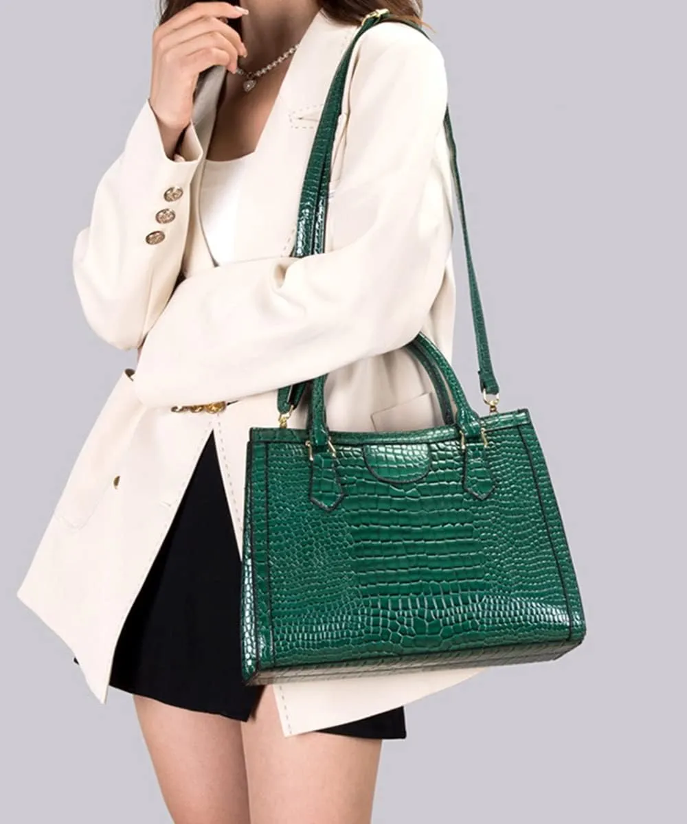 Top-handle Satchel Tote Purse 2pcs for Women Gloss Patent PU Crocodile Pattern Shoulder Bag Clutch Wallet
