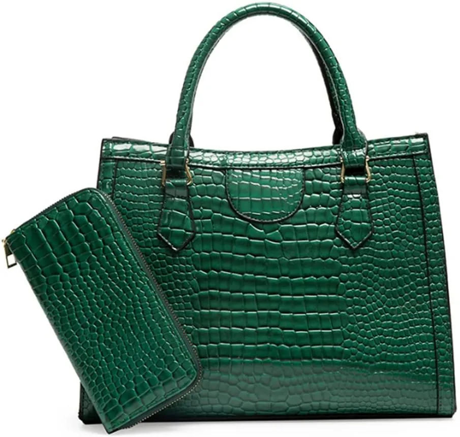 Top-handle Satchel Tote Purse 2pcs for Women Gloss Patent PU Crocodile Pattern Shoulder Bag Clutch Wallet