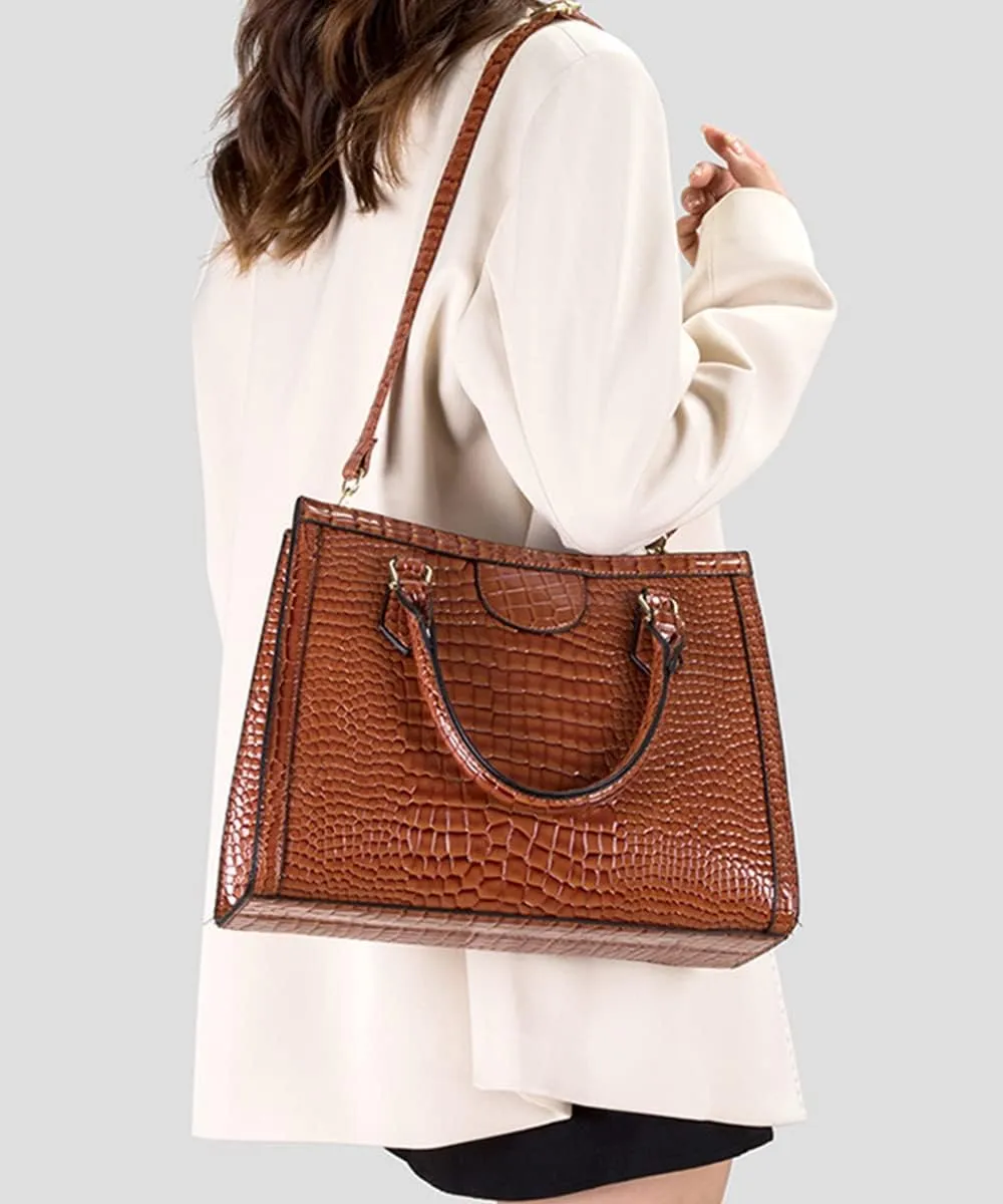Top-handle Satchel Tote Purse 2pcs for Women Gloss Patent PU Crocodile Pattern Shoulder Bag Clutch Wallet