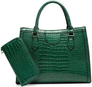Top-handle Satchel Tote Purse 2pcs for Women Gloss Patent PU Crocodile Pattern Shoulder Bag Clutch Wallet