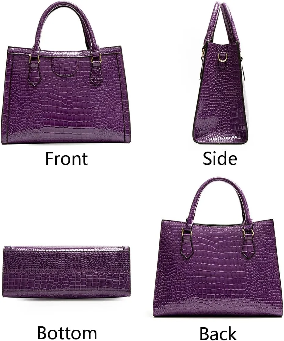 Top-handle Satchel Tote Purse 2pcs for Women Gloss Patent PU Crocodile Pattern Shoulder Bag Clutch Wallet