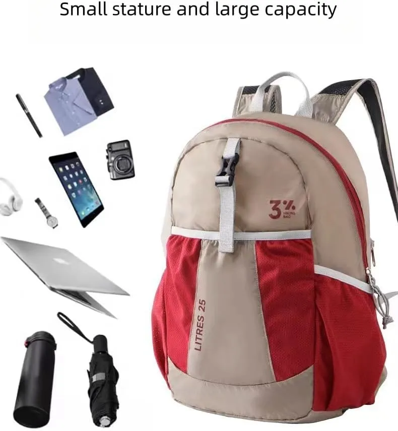 Travel lightweight foldable backpack hiking backpack splash proof compact travel backpack day pack (khaki&red)