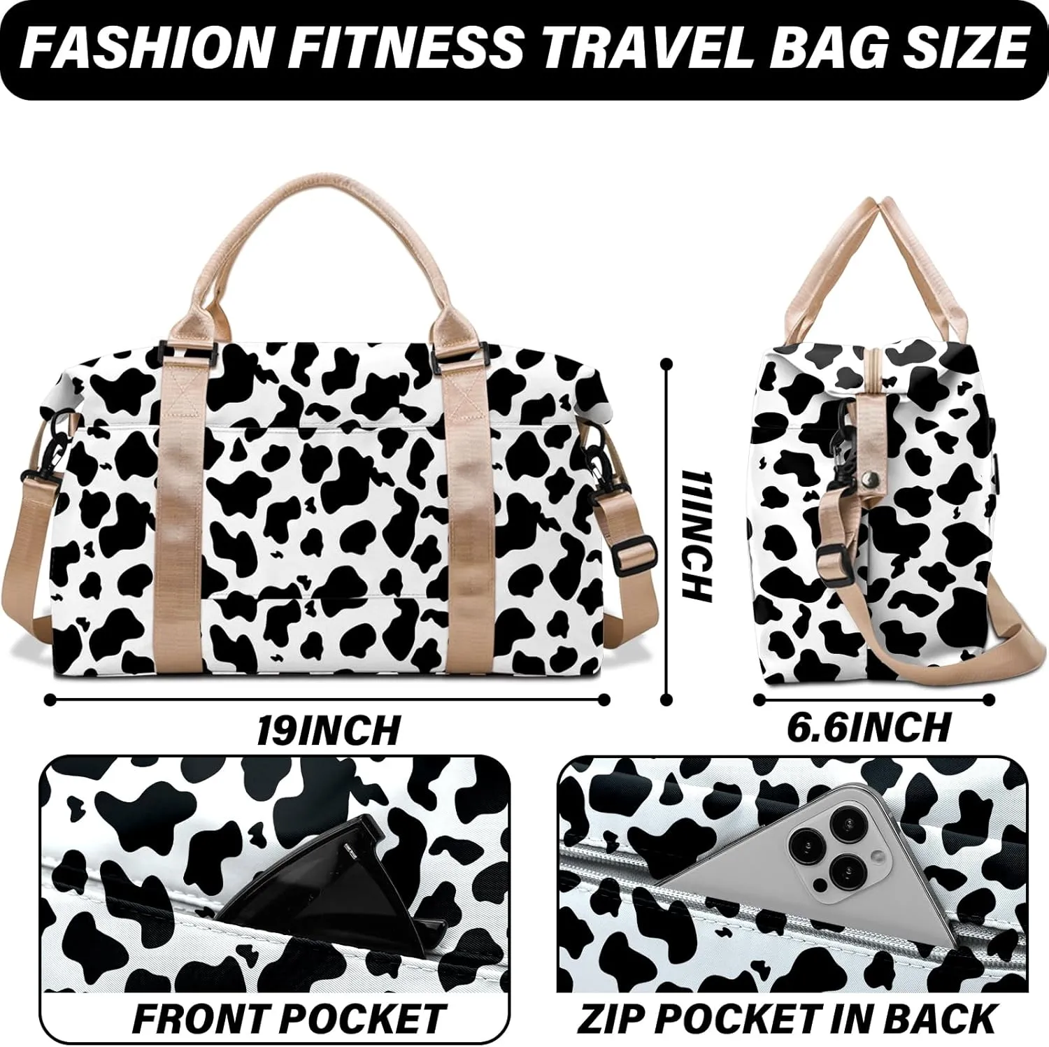 Travel Weekender Duffel Overnight Carry On Bag with Trolley Sleeve,Large Travel Tote Bag with Wet Pocket Shoulder Strap for Women-Black White Cow
