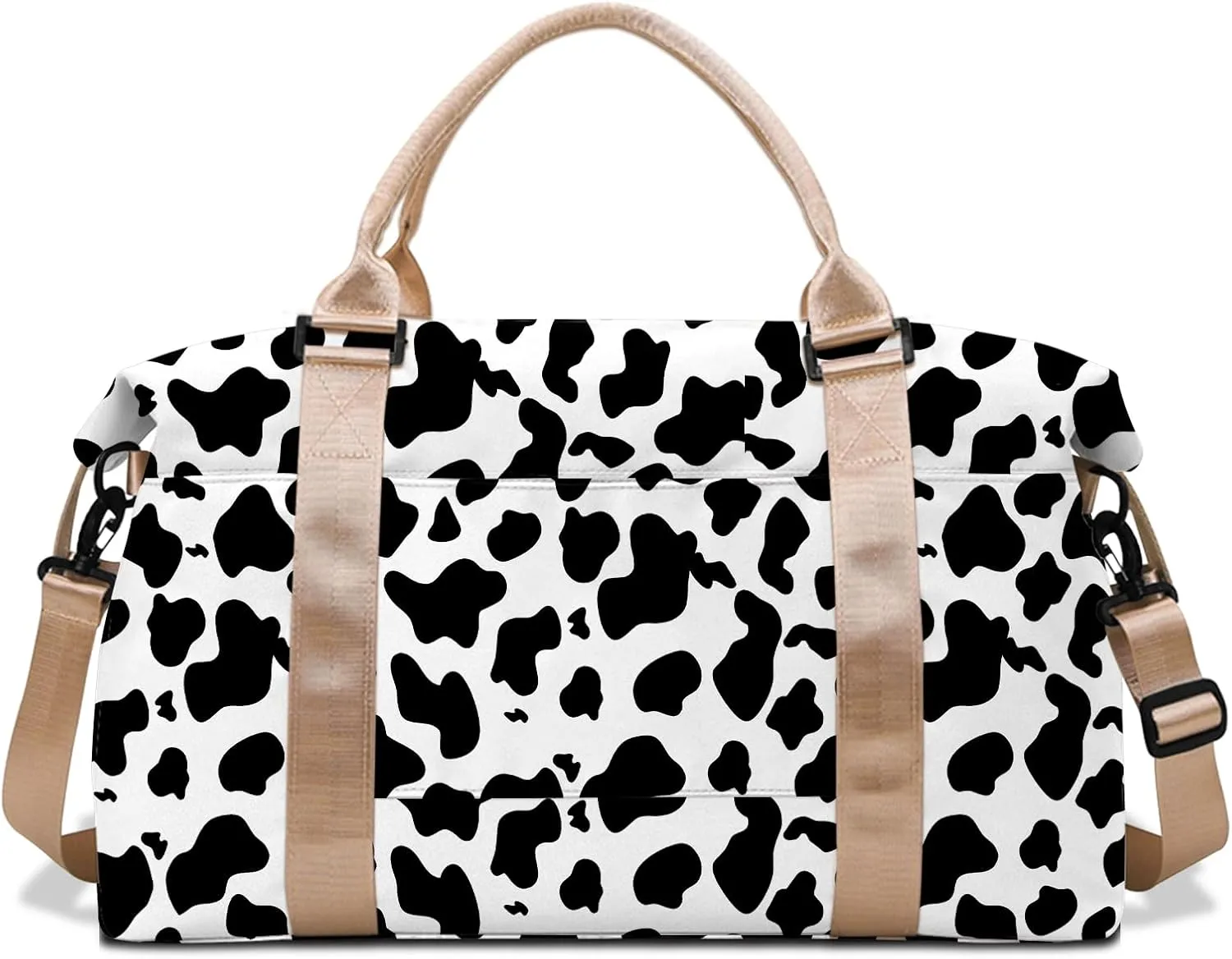 Travel Weekender Duffel Overnight Carry On Bag with Trolley Sleeve,Large Travel Tote Bag with Wet Pocket Shoulder Strap for Women-Black White Cow