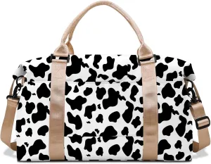 Travel Weekender Duffel Overnight Carry On Bag with Trolley Sleeve,Large Travel Tote Bag with Wet Pocket Shoulder Strap for Women-Black White Cow