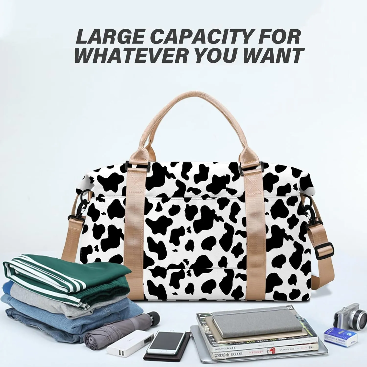 Travel Weekender Duffel Overnight Carry On Bag with Trolley Sleeve,Large Travel Tote Bag with Wet Pocket Shoulder Strap for Women-Black White Cow