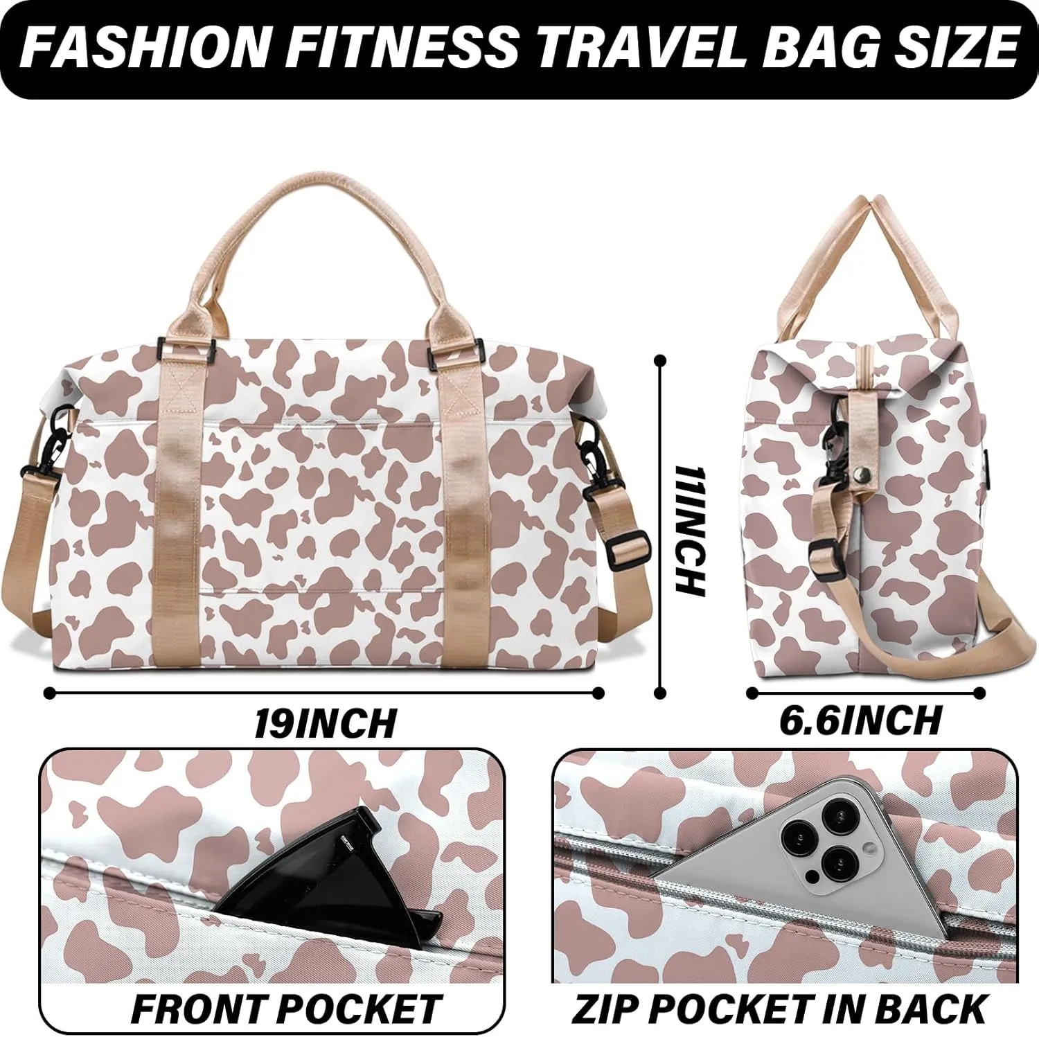 Travel Weekender Duffel Overnight Carry On Bag with Trolley Sleeve,Large Travel Tote Bag with Wet Pocket Shoulder Strap for Women-Brown Cow