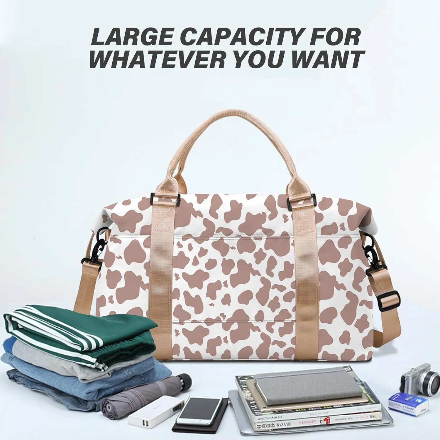 Travel Weekender Duffel Overnight Carry On Bag with Trolley Sleeve,Large Travel Tote Bag with Wet Pocket Shoulder Strap for Women-Brown Cow