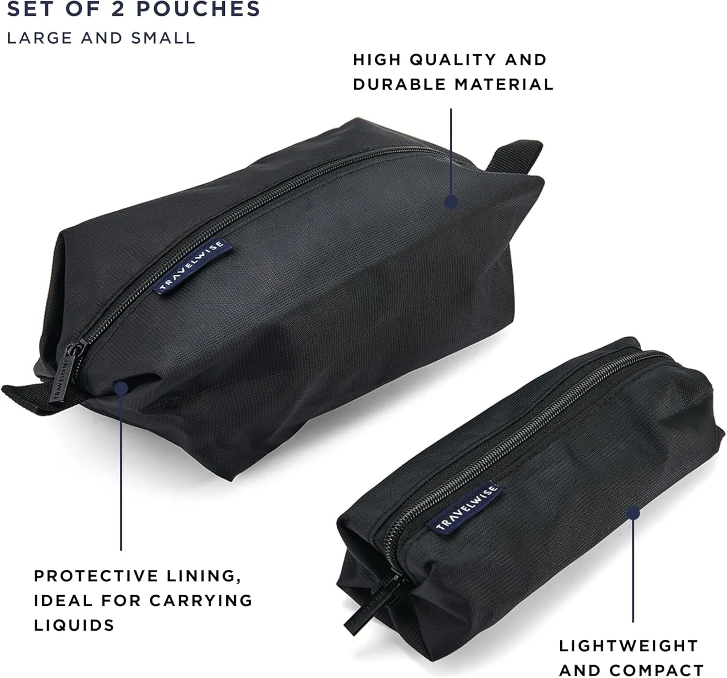 TravelWise 2 Piece Wrap Around Zip Toiletry Bag Set, Large and Small Travel Toiletry Bags, Black