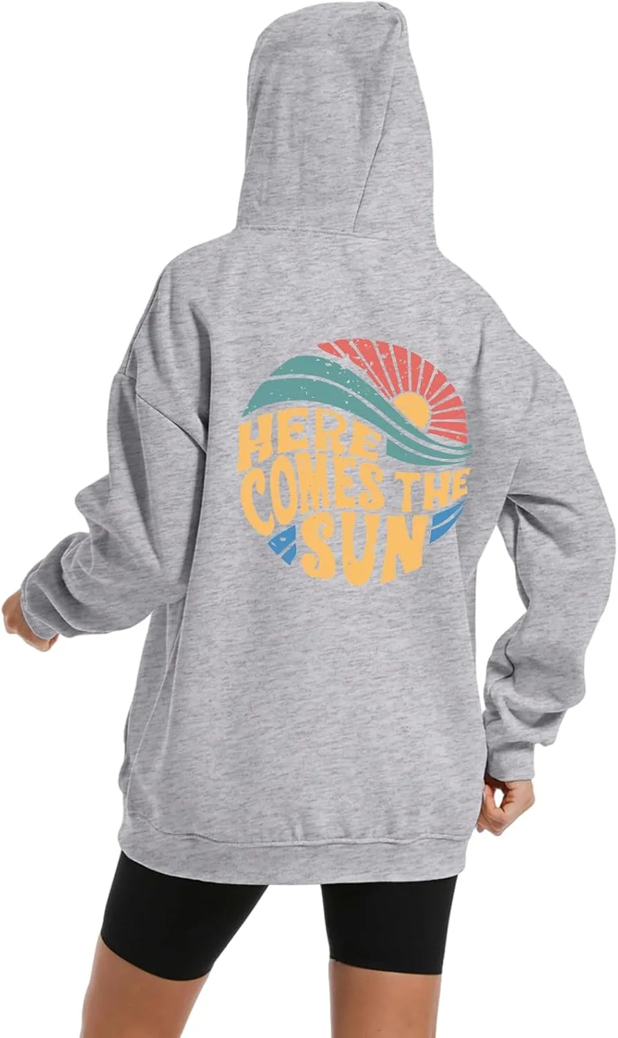 Tuislay Oversized Hoodies for Women Sunset Letter Slogan Graphic Beachy Sweatshirt Aesthetic Teen Fleece Hooded Pullover