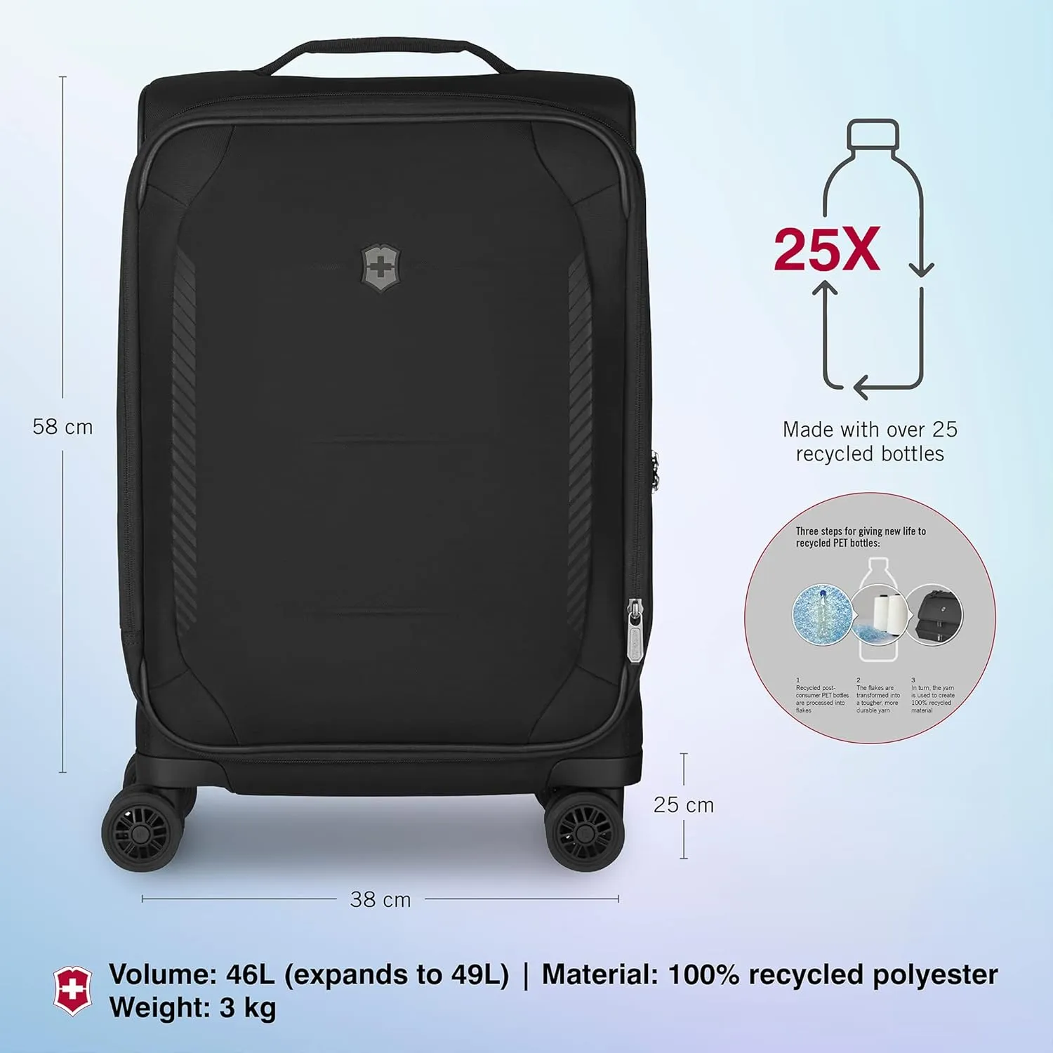 Victorinox Crosslight Frequent Flyer Plus Softside Carry-On - Lightweight Rolling Suitcase for Travel Essentials - Expandable Luggage with Foldable Organizer - 46 Liter, Black