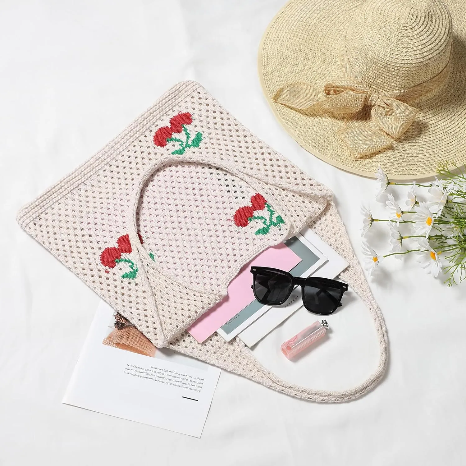 WantGor Crochet Bags, Beach Mesh Tote Bag Womens Shoulder Shopping Handbag Casual Travel Totes Bag Foldable Hobo Bags