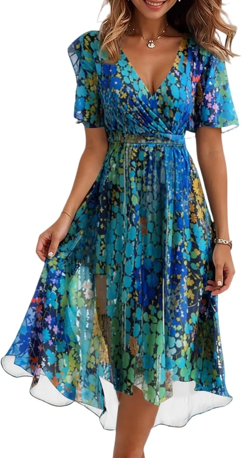 Wedding Guest Dresses for Women,Floral Chiffon Spring Summer Sexy Dresses Cocktail Womens Midi Dress Wrap Flowy