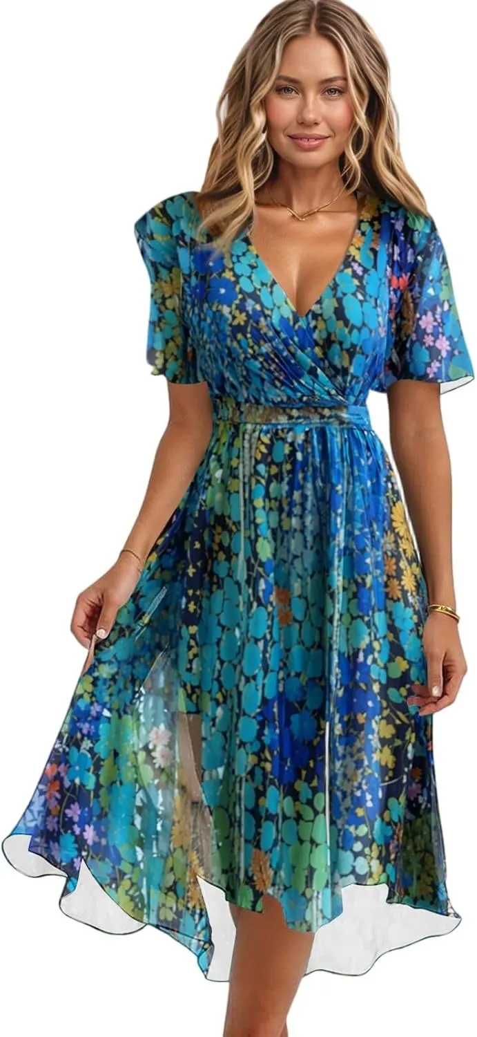Wedding Guest Dresses for Women,Floral Chiffon Spring Summer Sexy Dresses Cocktail Womens Midi Dress Wrap Flowy