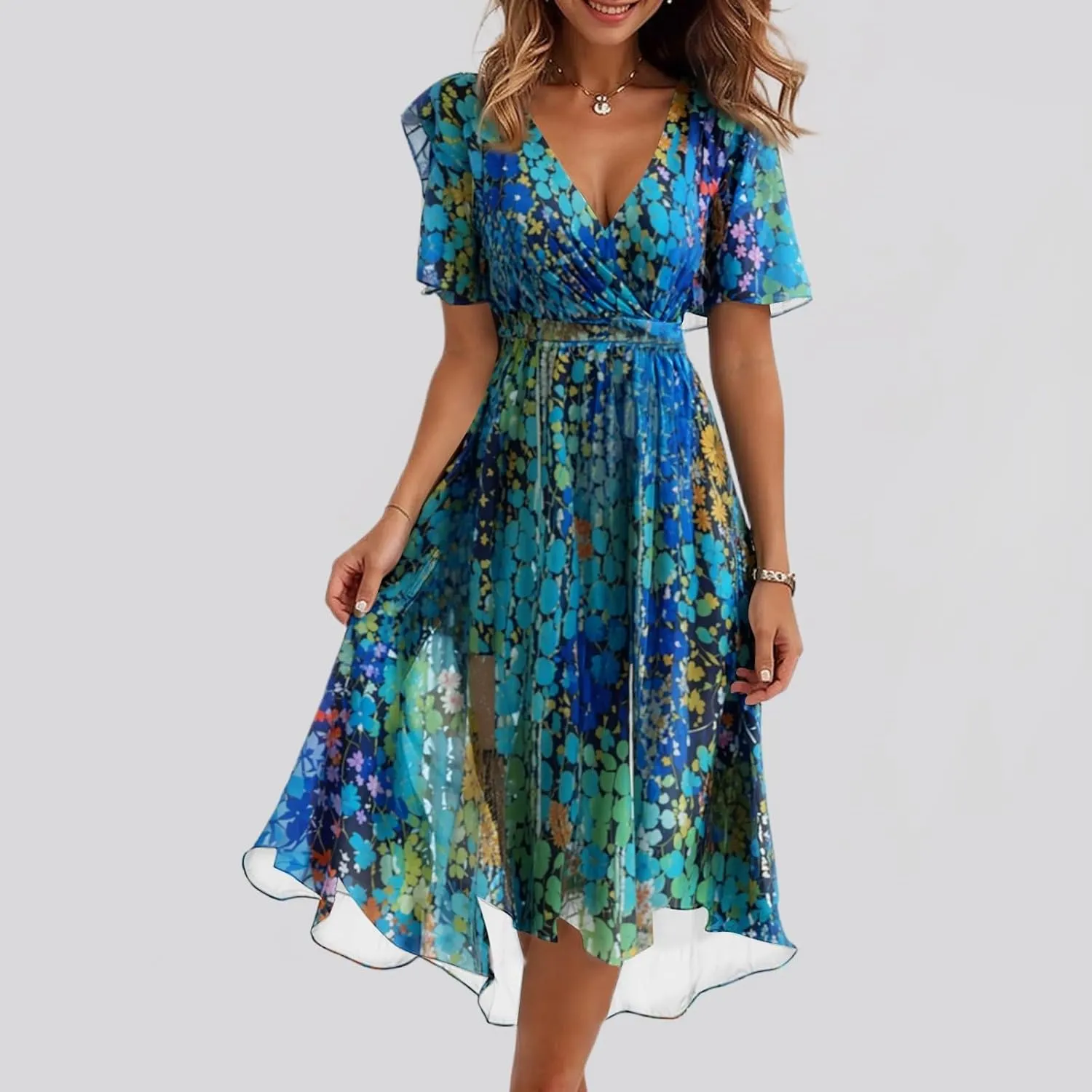 Wedding Guest Dresses for Women,Floral Chiffon Spring Summer Sexy Dresses Cocktail Womens Midi Dress Wrap Flowy