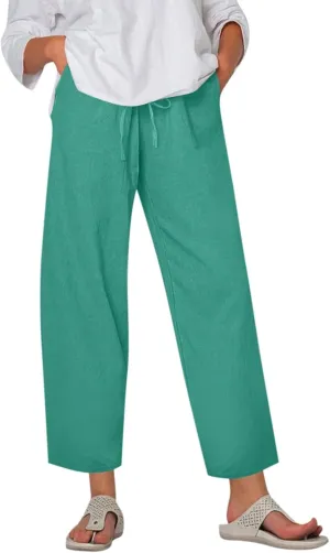 Women Beachy Outfits 2025 Drawstring Pants with Pockets Cropped Flowy Straight Slim Solid Sweatpants
