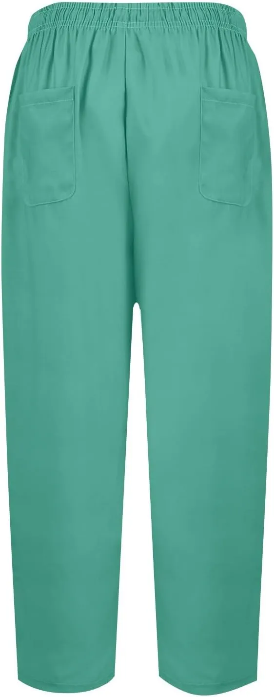 Women Beachy Outfits 2025 Drawstring Pants with Pockets Cropped Flowy Straight Slim Solid Sweatpants