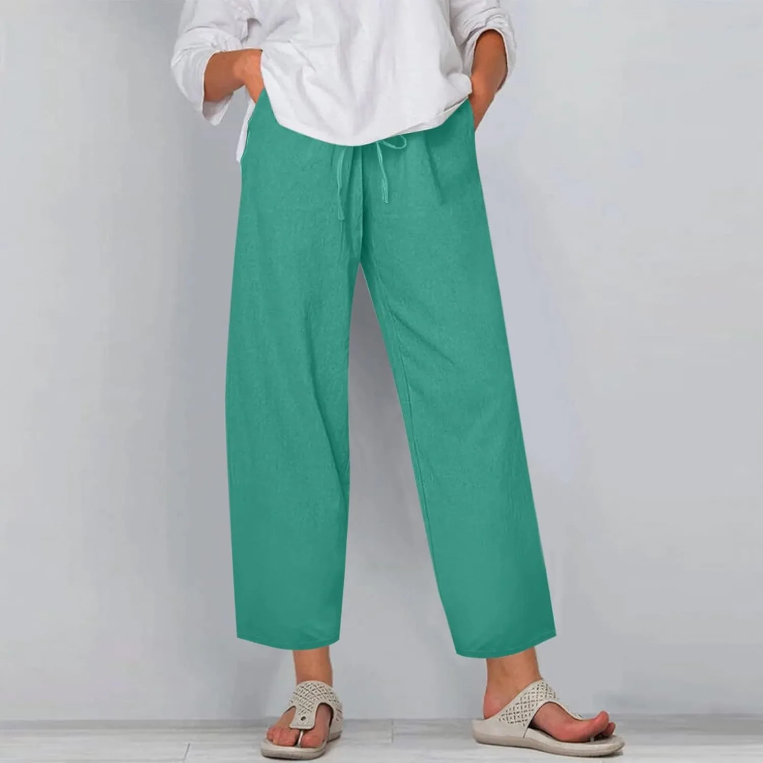 Women Beachy Outfits 2025 Drawstring Pants with Pockets Cropped Flowy Straight Slim Solid Sweatpants