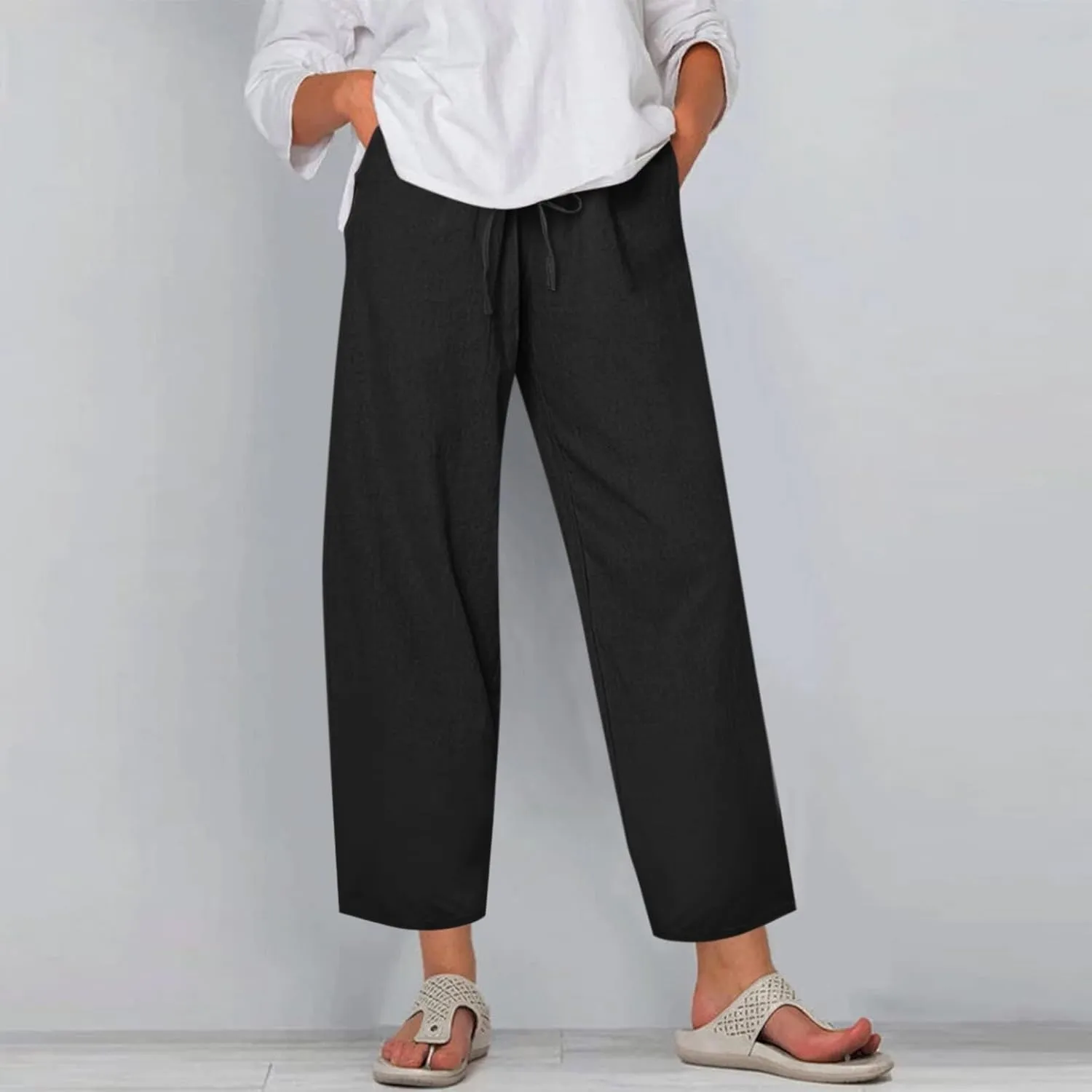 Women Beachy Outfits 2025 Drawstring Pants with Pockets Cropped Flowy Straight Slim Solid Sweatpants