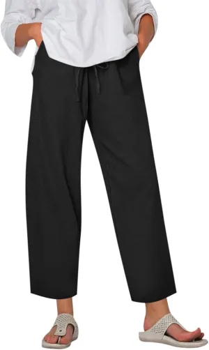 Women Beachy Outfits 2025 Drawstring Pants with Pockets Cropped Flowy Straight Slim Solid Sweatpants