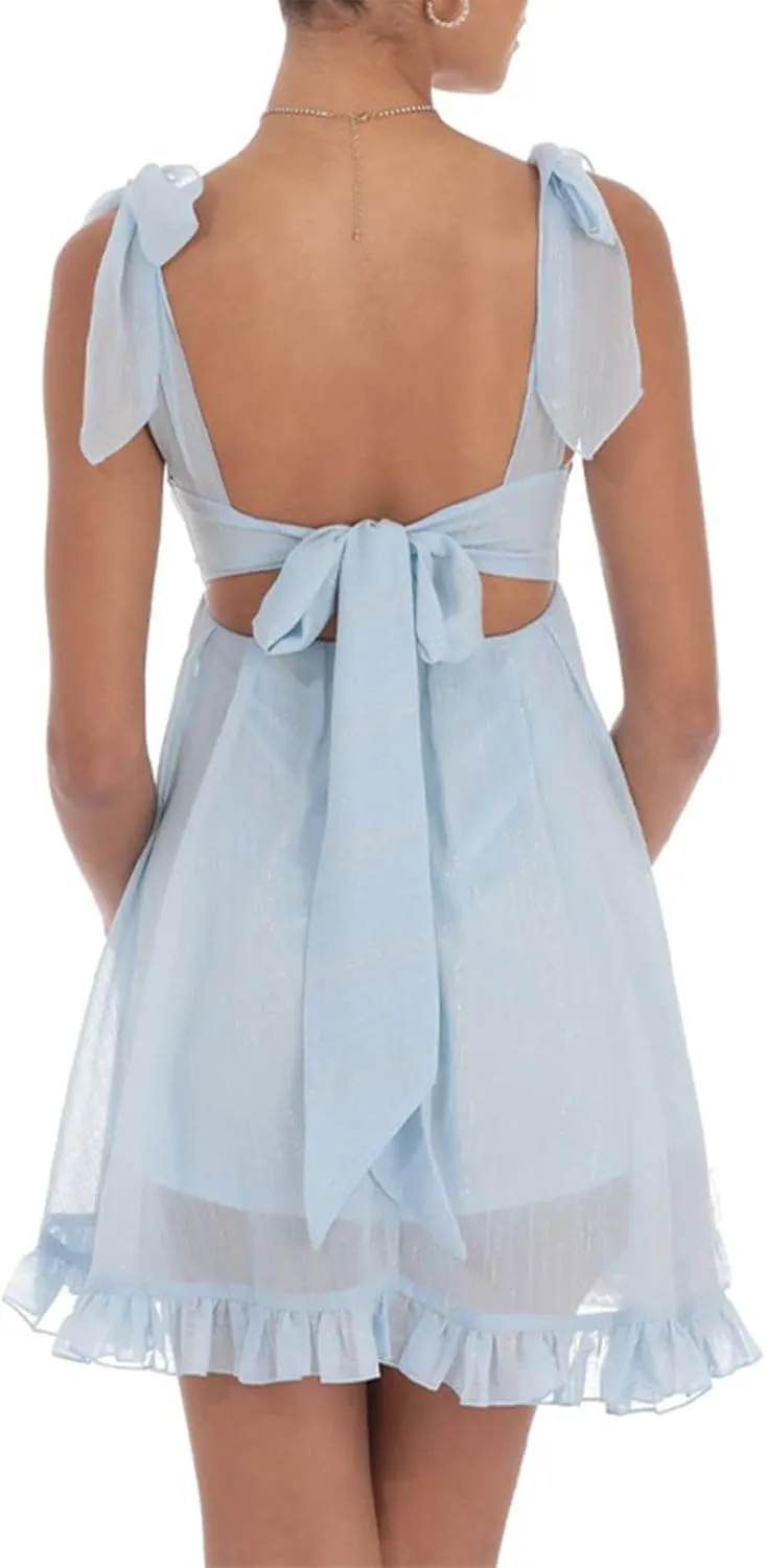 Women Boho Floral Gingham Babydoll Dress Spaghetti Strap Beachy Sundress Sleeveless Ruffle Tie Shoulder Mini Dresses