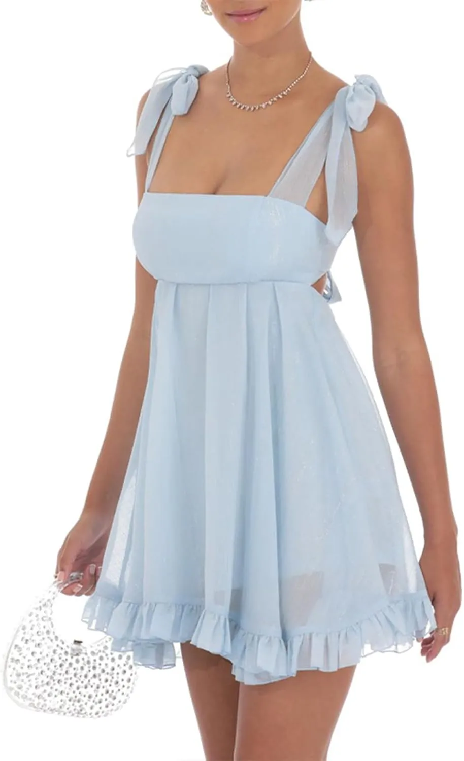 Women Boho Floral Gingham Babydoll Dress Spaghetti Strap Beachy Sundress Sleeveless Ruffle Tie Shoulder Mini Dresses