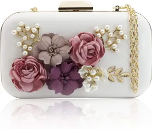 Women Clutches Purses Bags Flower Leather Envelope Pearl Wallet (White), White, One Size, Elegant