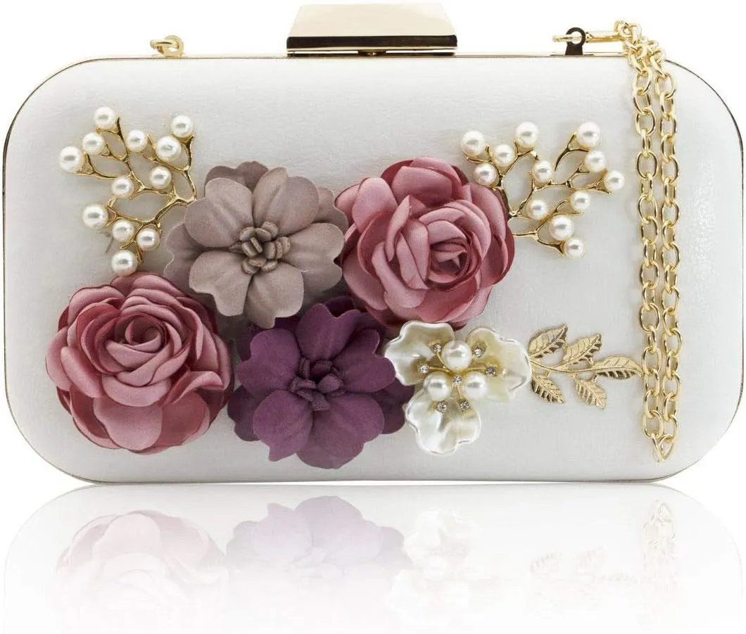 Women Clutches Purses Bags Flower Leather Envelope Pearl Wallet (White), White, One Size, Elegant