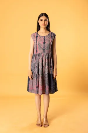 Women Cotton Shibori Roundneck Loose Fit Dress Grey