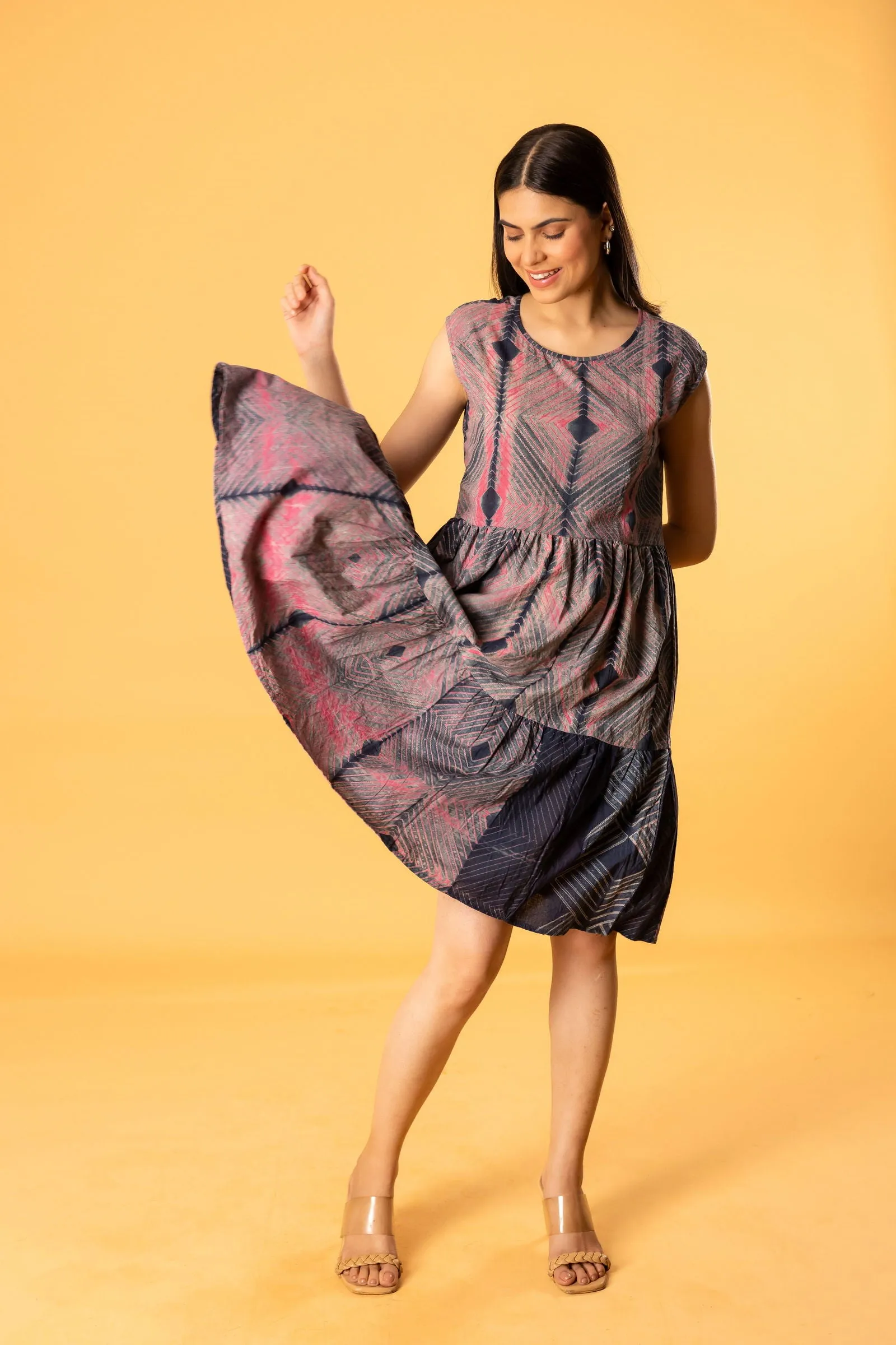Women Cotton Shibori Roundneck Loose Fit Dress Grey