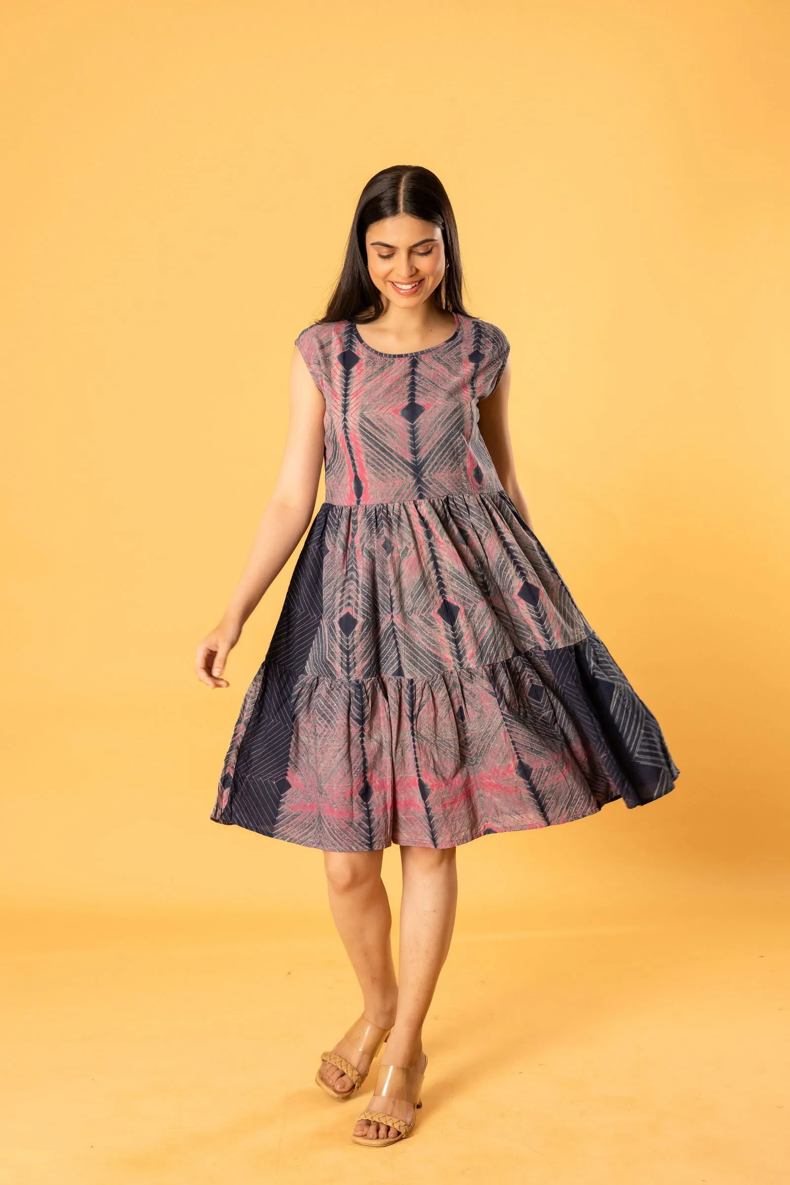 Women Cotton Shibori Roundneck Loose Fit Dress Grey