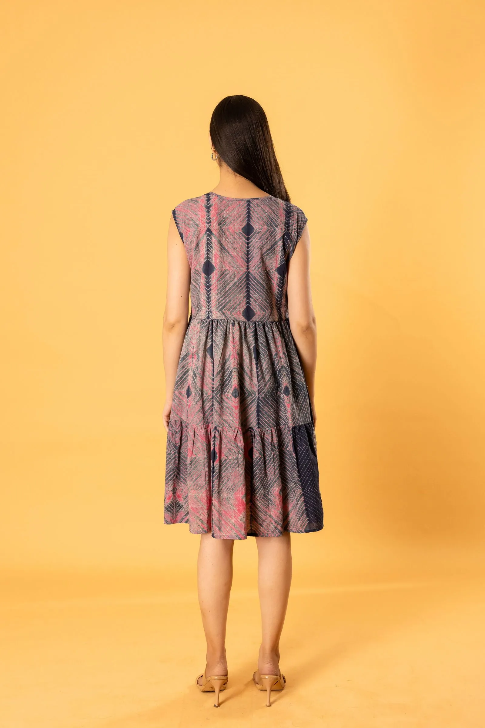 Women Cotton Shibori Roundneck Loose Fit Dress Grey