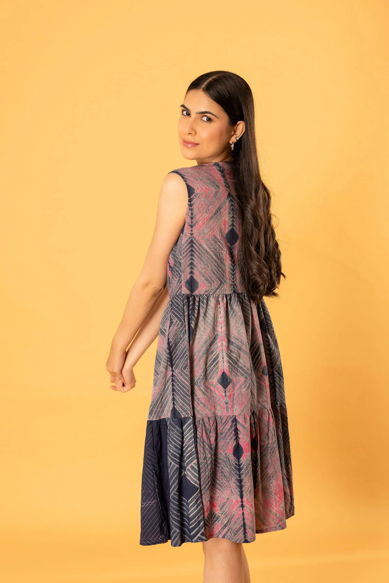 Women Cotton Shibori Roundneck Loose Fit Dress Grey