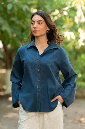 Women Cottonflex Collarneck Loose Fit Shirt Blue